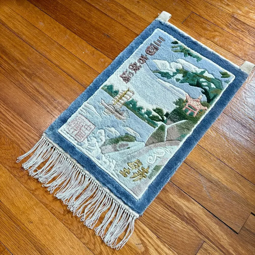 Vintage Chinese Silk Wall Hanging Rug Water and Boat Landscape Fringed Tassels
